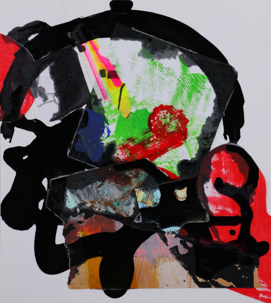 Abstract expressionistische collage in zwart, groen en rood