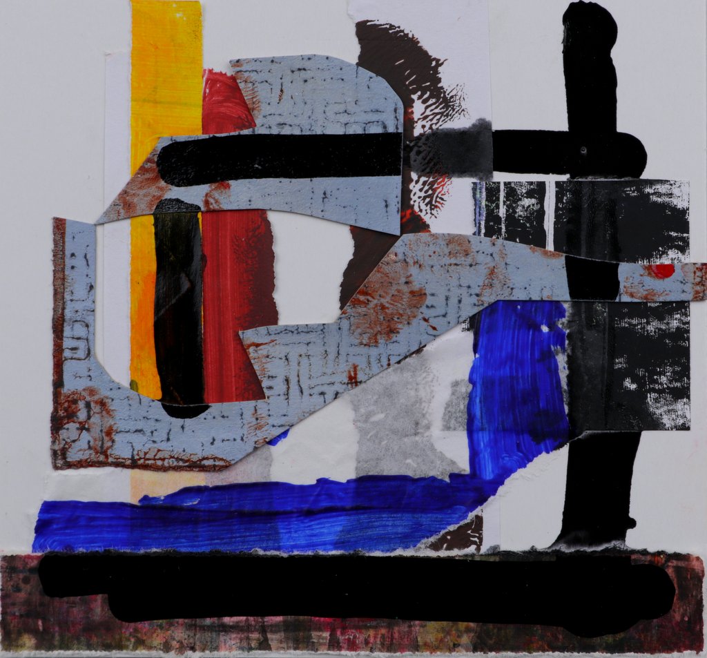 Collage schilderij met rechte vormen in gemengde technieken
