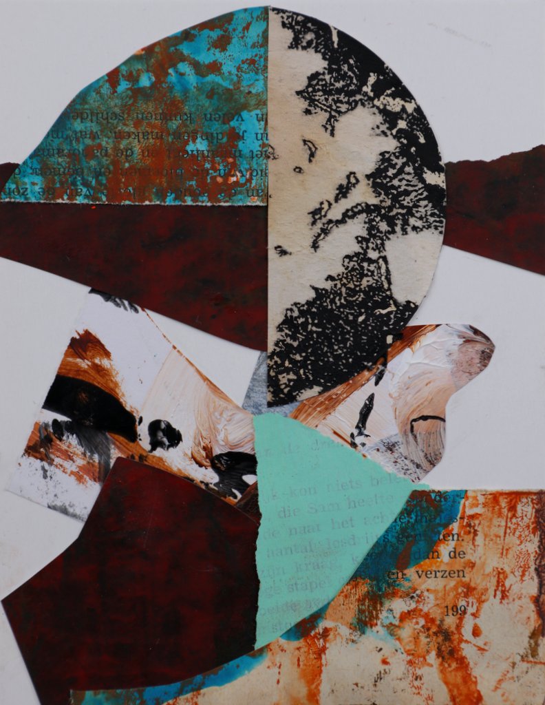 collage schilderij in aardekleuren en turquoise