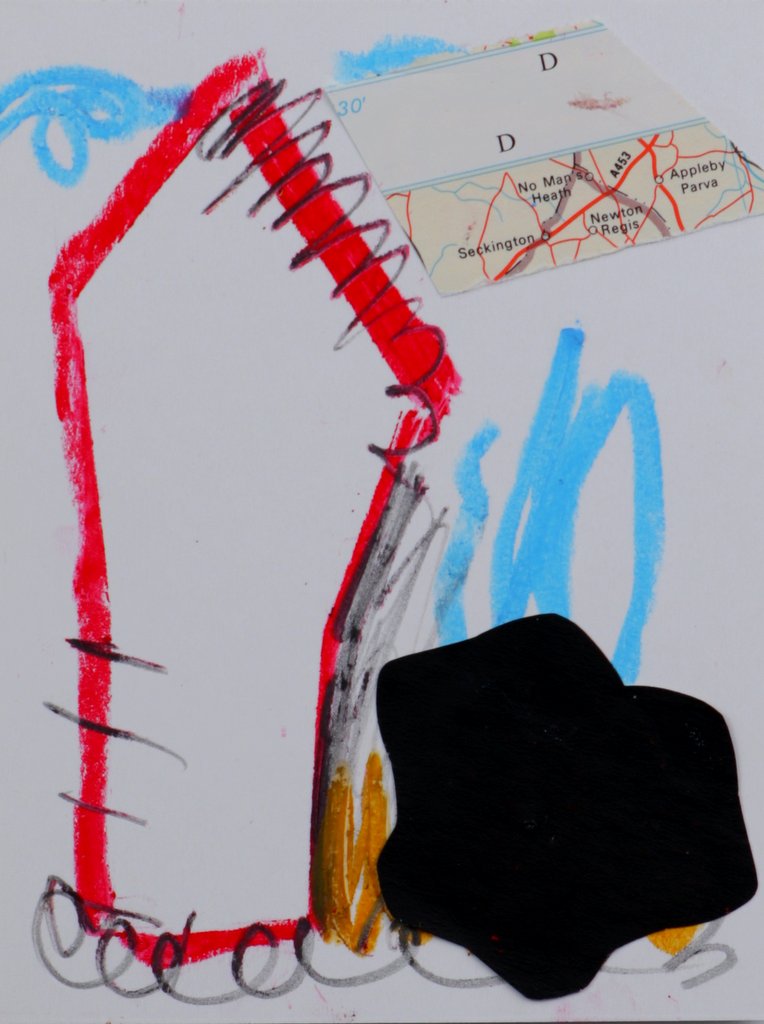 collage schilderij met rood huis en zwarte vorm