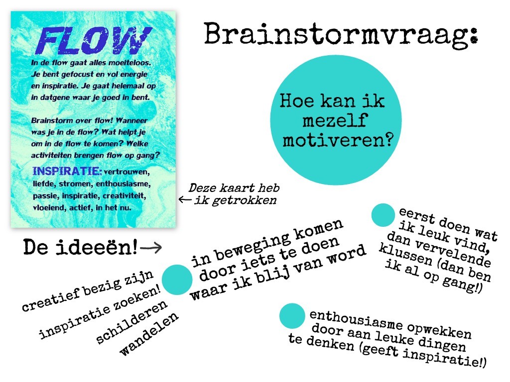 Voorbeeld brainstormsessie van de brainstormkaart Flow met de vraag: Hoe kan ik mezelf motiveren?